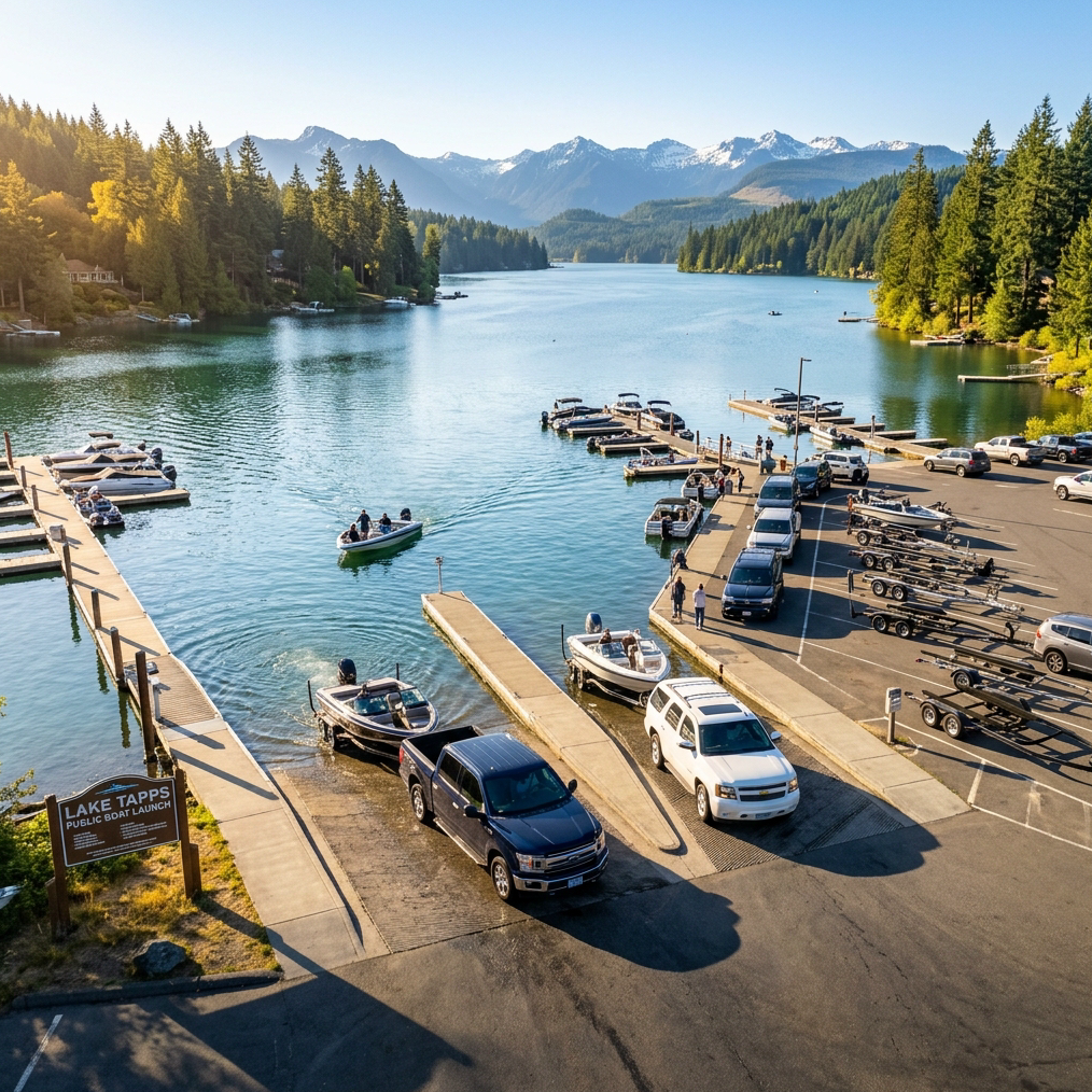 Aerial-style wide photograph of a busy public boat launch ramp on a bright sunny morning at Lake Tapps, Washington state. Two concrete launch lanes extend into calm blue-green water. A pickup truck with a boat trailer backs down one ramp while another tow vehicle waits. Pine trees and mountains visible in the background. Warm golden morning light. Color palette matches: dark navy (#232F3D), gold (#AF9448), cream (#FDF8F0). Photo-realistic, high quality, Pacific Northwest scenery, no people's faces visible.