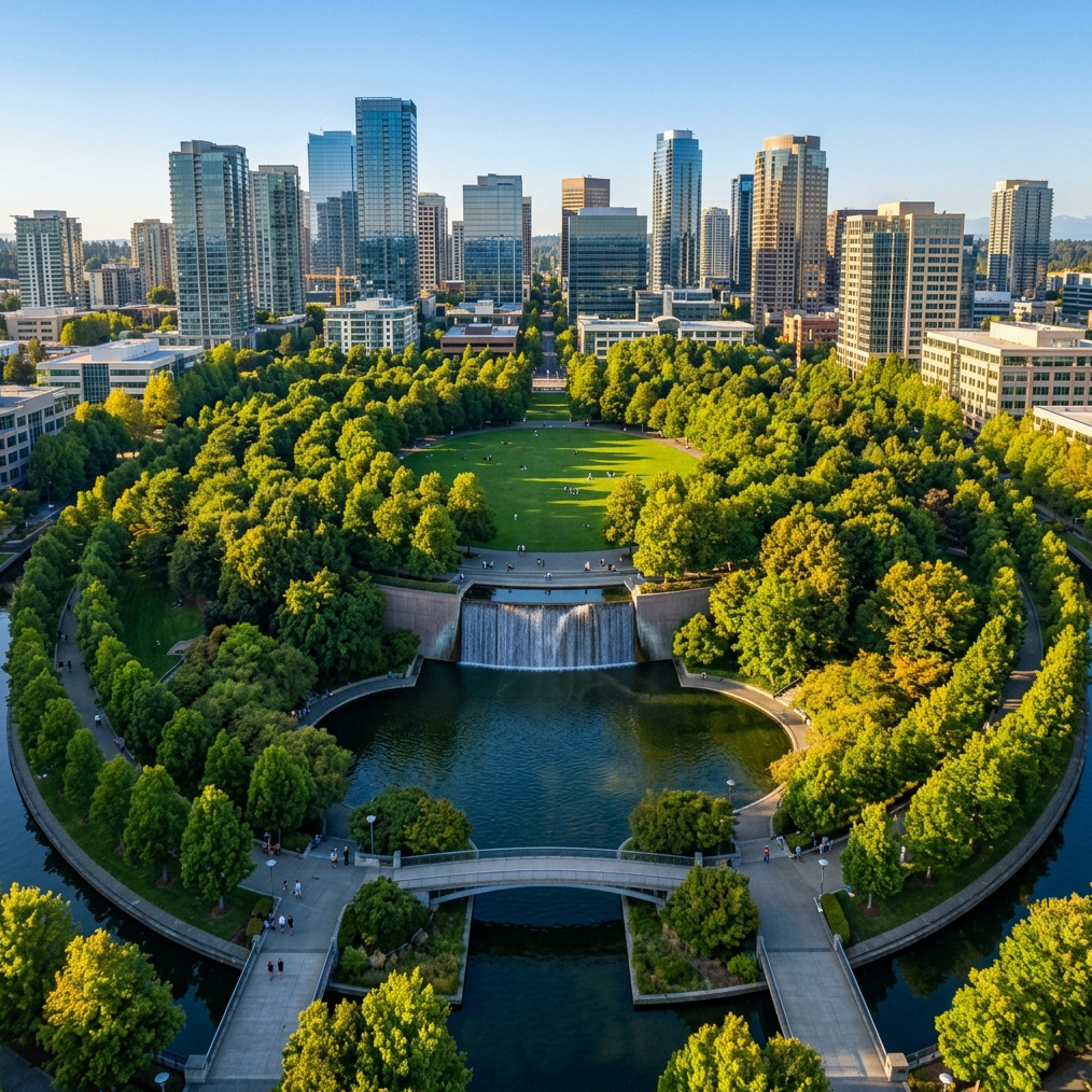 Aerial drone photograph of Bellevue Downtown Park, Bellevue Washington, on a clear sunny day. Lush circular great lawn surrounded by mature shade trees, a cascading 240-foot-wide waterfall flowing into a reflecting pond, pedestrian footbridges, and double rows of trees along a perimeter promenade. City skyline visible in the background. Color palette: deep greens, warm golden afternoon light, dark navy shadows echoing #212841, with golden highlights referencing #b6944b. Wide landscape orientation, photorealistic, high resolution.