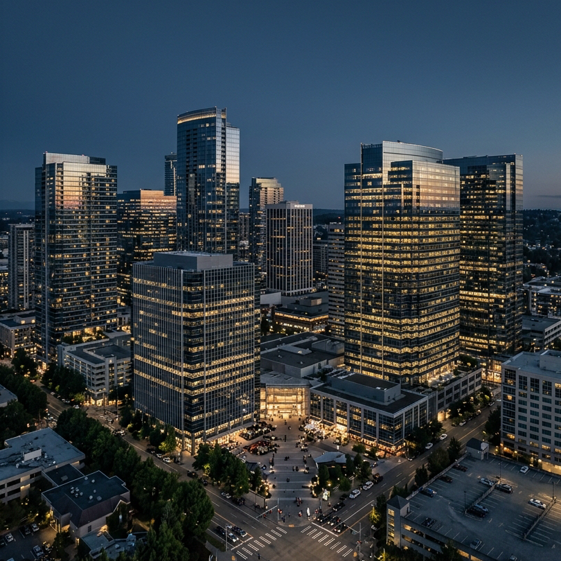 Wide aerial photograph of the Downtown Bellevue, Washington skyline at dusk. Modern glass skyscrapers and office towers gleaming with warm golden light against a deep midnight blue sky. Foreground shows tree-lined streets and urban plaza. Color palette dominated by dark slate blue (#212841) sky tones with muted gold (#b6944b) window glow highlights. Ultra-sharp architectural photography, professional commercial real estate style, cinematic wide format.