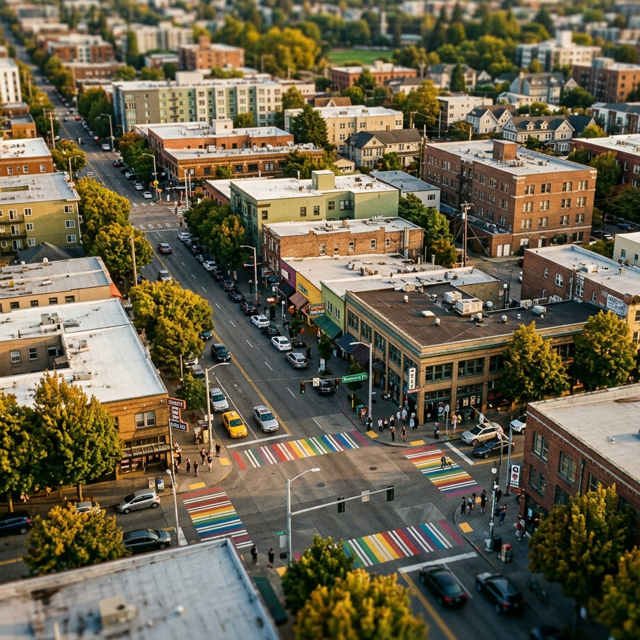 Aerial golden-hour photograph of Capitol Hill Seattle neighborhood showing Pike and Pine street corridor lined with colorful indie storefronts, rainbow crosswalks, and leafy trees. The palette is warm earthy tones — golden browns, muted greens and deep navy shadows — matching a taupe-and-gold design system. Film-grain street photography style, highly detailed, shot with a tilt-shift lens for a miniature effect.