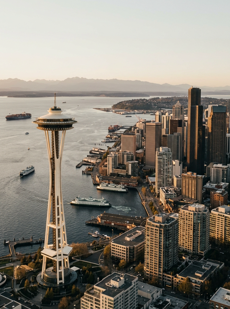 Aerial editorial photo of Seattle downtown skyline at golden hour with the Space Needle prominent, Elliott Bay waterfront visible, warm taupe and golden-brown tones, slightly desaturated, modern travel editorial style matching earthy palette of #EEEAE2 and #A98741, cinematic light
