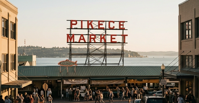Editorial travel photo of Pike Place Market public market sign with the iconic red sign and Seattle waterfront in background, golden hour warm light, earthy tones of brown and gold, slightly desaturated editorial style, street-level perspective, lively crowd