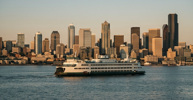 Editorial travel photo of Washington State Ferry crossing Puget Sound with Seattle skyline visible behind, calm blue-grey water, warm golden light, earthy and subdued tones matching #353D50 and #DDBA5D palette, cinematic travel photography