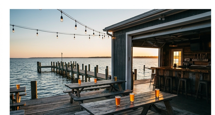 Photograph of a rustic waterfront brewery in Colonial Beach Virginia at sunset. A wooden dock extends over calm blue-gray bay water. String lights hang above picnic tables on a weathered deck. Craft beer pints glow amber in the warm golden light. The bar interior visible through open garage doors is built from reclaimed boat wood. Warm amber and deep blue color palette matching the infographic's #f5c842 gold and #1a1208 dark tones. Moody, inviting, travel-editorial quality.