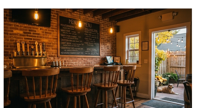 Photograph of a cozy urban craft brewery taproom in a small Virginia town. Wooden bar stools, exposed brick, and tap handles in the foreground. A chalkboard menu features Mediterranean small-plate food items. Warm Edison-bulb lighting. A small outdoor beer garden glimpsed through a side door with string lights and a dog resting on the patio. Color mood: warm amber, dark wood, golden-green. Travel lifestyle photography quality.