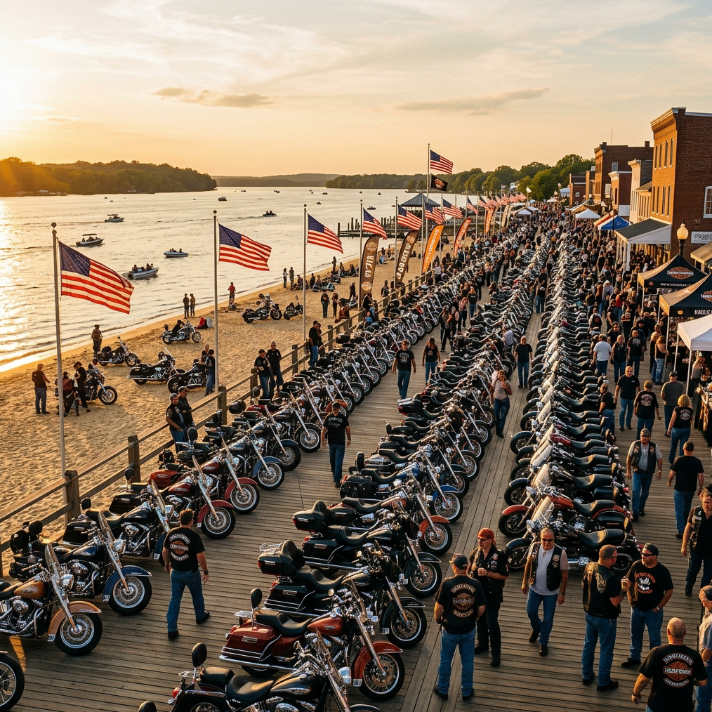 Wide panoramic photograph of a sunny motorcycle festival on a small-town Virginia waterfront boardwalk. Hundreds of gleaming chrome motorcycles parked in rows along a sandy beach promenade, riders in leather jackets and bandanas mingling. Warm golden-hour light, American flags waving, distant Potomac River water shimmering. Color palette: warm amber, deep blacks, chrome silver accents matching the dark-background infographic design. Cinematic, vibrant, high contrast. Shot from a slightly elevated angle to show the scale of the crowd and bikes.