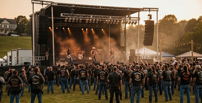 Outdoor main concert stage at a motorcycle festival on a grassy town hill in a small Virginia coastal town. A large lit-up stage with southern rock band performing, crowd of leather-clad bikers gathered in front, beer garden with string lights visible to side. Late afternoon warm amber lighting, slight haze from crowd. Dark atmospheric photography style matching a dark-background festival infographic. Colors: amber, black, silver.