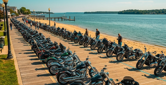 Scenic waterfront boardwalk lined with gleaming motorcycles parked along a sandy beach promenade in a small Virginia town. Blue Potomac River in background, riders admiring custom bikes in a show arena setup. Bright sunny day, green and teal water tones contrasting with chrome and black bikes. Photography style: vibrant coastal, warm light. Matching the dark-background festival infographic with amber and teal accent colors.