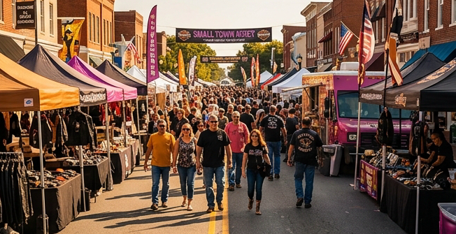 Lively small-town downtown street festival corridor with vendor booths lining both sides of a wide avenue. Motorcycle parts, leather goods, accessories, and food trucks visible. Banners and flags overhead, festive crowd walking between stalls. Warm afternoon sun. Colors: amber, purple-pink accents, black and chrome. Vibrant energy. Matching the dark-background infographic with purple and amber accent tones.
