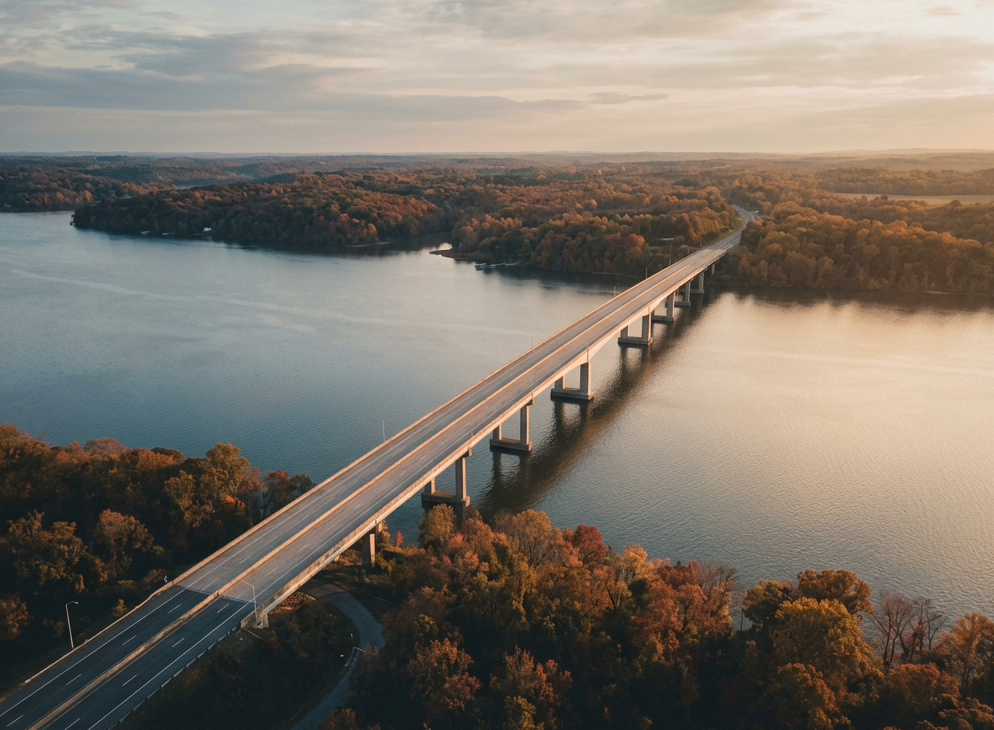 Aerial golden-hour photograph of a long highway bridge spanning a wide river — the Governor Harry W. Nice Memorial Bridge carrying US Route 301 over the Potomac River between Maryland and Virginia. The bridge is flanked by autumn-tinted trees and calm blue-gray water reflecting warm amber sunlight. Color palette: charcoal shadows #333333, warm amber highlights #C8922A, muted sky blues and soft grays matching the #F5F5F5 background. Slightly desaturated vintage travel photography style, no people, high resolution, cinematic composition.
