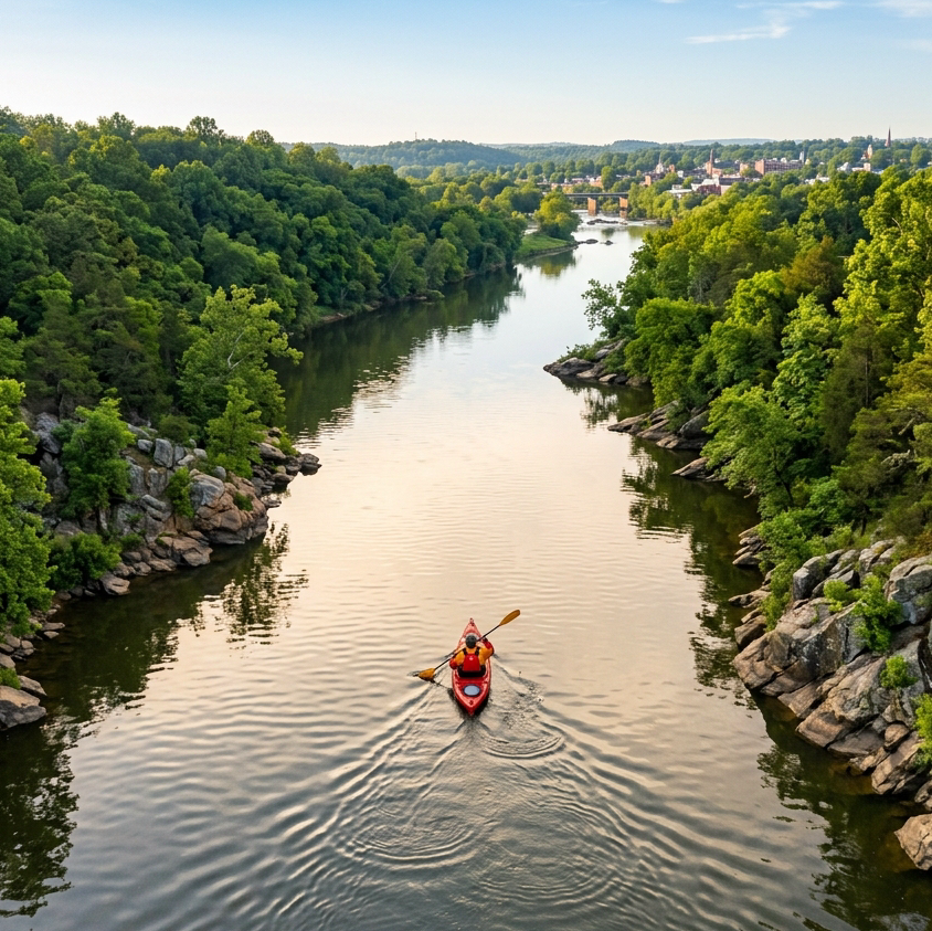 Aerial wide-angle photograph of a kayaker paddling on the Rappahannock River near Fredericksburg, Virginia on a clear morning. The river reflects soft golden sunlight, flanked by lush green forested bluffs and rocky outcroppings at the fall line. The water is calm with gentle riffles visible. Warm tones of gold, deep green, and cream mirror the infographic color palette of beige-gold #EFDEC2 and dark tones. Style: vivid, cinematic, high-resolution travel photography.