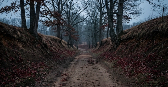 Sunken Road historic path in Fredericksburg Virginia battlefield, worn dirt road visibly recessed 3 to 4 feet below the surrounding terrain, steep earthen banks on either side, bare oak trees overhead in late December light, cold blue-grey winter sky, moody atmospheric Civil War historic site photography, muted dark earth tones with hints of the infographic's deep red accent color in fallen leaves, photorealistic heritage documentary style
