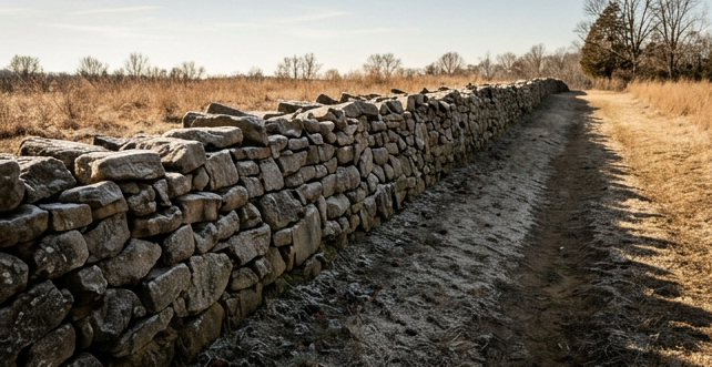 Historic stone wall at Marye's Heights Fredericksburg Virginia battlefield, original dry-laid fieldstone masonry extending along a sunken road, close perspective showing the rough texture of aged stone, winter afternoon light casting long shadows, frost on the mortar joints, subdued palette of grey stone, brown earth, and pale winter sky, photorealistic heritage photography with the warm beige-gold tones of the infographic's color palette visible in the surrounding dry grass