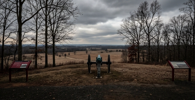 Marye's Heights artillery position at Fredericksburg Virginia battlefield, elevated hilltop view overlooking a wide plain below, replica Civil War cannon positioned at the crest, bare winter trees against a dramatic overcast sky, panoramic perspective showing the commanding vantage point over the open fields, dark earth tones with muted winter greens and the infographic's deep red accent visible in NPS interpretive markers, atmospheric documentary photography with a sense of historical gravitas