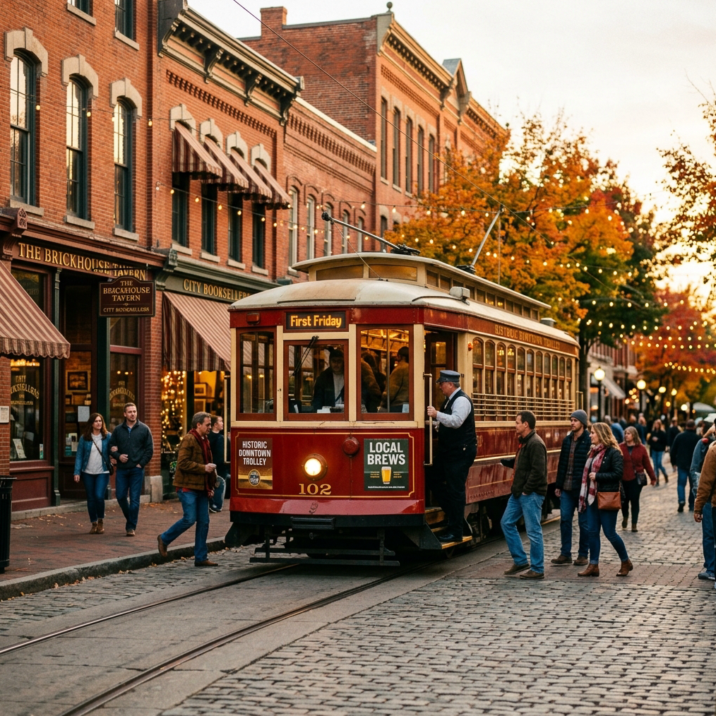 A warm, golden-hour street-level photograph of a vintage red and cream trolley car rolling through a charming historic downtown district with red-brick buildings, string lights, and autumn foliage. People in casual evening attire are boarding and alighting. The trolley has a destination sign reading 'First Friday'. Color palette leans warm: cream, deep red #DB0E3E, warm beige #EFDEC2, and dark charcoal tones matching the infographic design. Cinematic shallow depth of field, vibrant but not oversaturated.