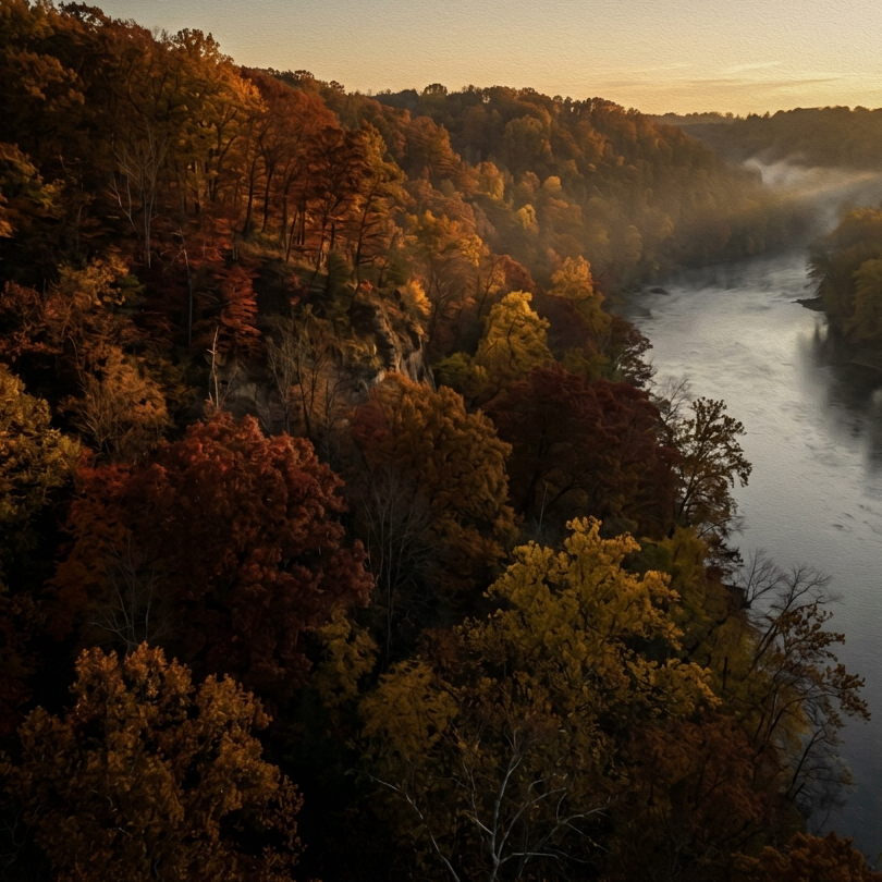 Dramatic dusk oil-painting-style photographic landscape of the Potomac River bluffs at Ball's Bluff, Leesburg Virginia; steep wooded escarpment covered in autumn foliage of deep reds, burnt oranges, and golden yellows; misty river below; Civil War era atmosphere; muted gold and dark charcoal tones matching a #1a1a1a background palette; panoramic horizontal composition; cinematic mood lighting with low sun rays filtering through trees; no people, no text