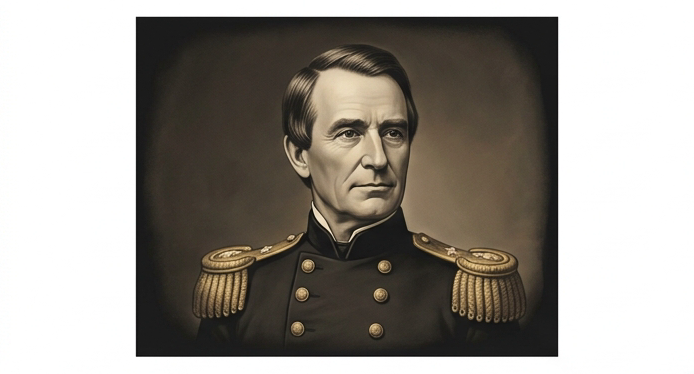 Sepia-toned formal Civil War era portrait-style illustration of a distinguished U.S. Senator and Union Army colonel in military uniform with gold epaulettes; dignified composed expression; dark charcoal and antique gold color palette matching #1a1a1a background infographic; painted daguerreotype aesthetic; soft vignette edges; no text or labels