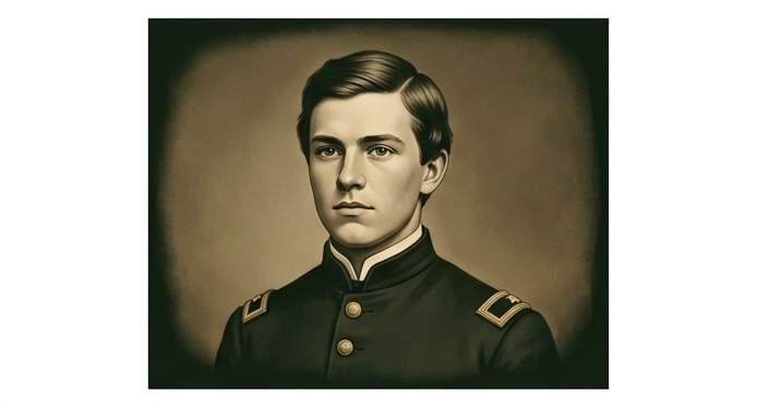 Sepia Civil War era portrait-style illustration of a young 20-year-old Union Army lieutenant in uniform; youthful determined expression; later depicted as a future Supreme Court Justice; dark forest green and antique gold tones matching #1a1a1a infographic palette; painted daguerreotype aesthetic; soft vignette; no text or labels