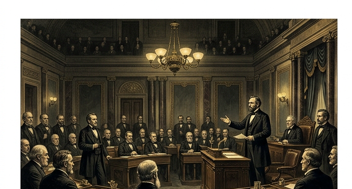 Dramatic historical illustration of a 19th-century U.S. Congressional chamber debate circa 1861; senators and representatives in period attire; gas-lit interior; dark mahogany and brass tones; somber mood; antique gold and deep charcoal color palette matching #1a1a1a infographic background; painterly engraving style; no text or labels