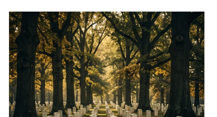 Atmospheric photograph-style illustration of a small historic national cemetery with rows of modest white Union Army grave markers surrounded by tall mature oak trees in autumn; dappled golden light filtering through canopy; somber peaceful mood; antique gold, forest green, and deep charcoal color palette matching #1a1a1a infographic background; painterly realism; no people, no text or labels