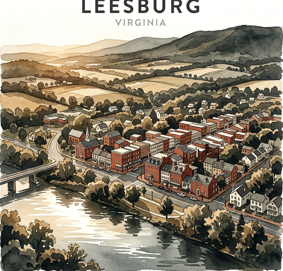 Stylized aerial illustration of Leesburg Virginia showing rolling hills, Catoctin Mountain ridge in the background, the Potomac River glinting in the foreground, and a charming historic downtown with red brick buildings. Color palette: warm sepia tones, deep gray-greens, ivory highlights matching the infographic's dark charcoal and light gray palette. Painterly watercolor-meets-vintage-map aesthetic, morning golden light.