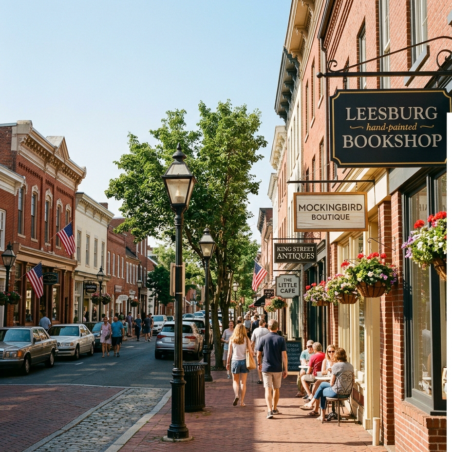 Street-level photograph of King Street in historic downtown Leesburg Virginia on a sunny morning. Charming red brick storefronts, hanging flower baskets, vintage street lamps, quaint boutique signs. Warm golden morning light. Architectural style 1800s–1890s. Color tones: warm amber, cream, deep charcoal, matching the infographic's charcoal #333333 and gray #F5F5F5 palette.