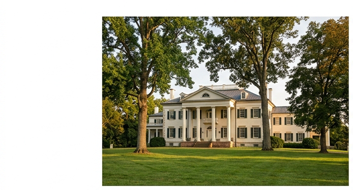 Photograph of Morven Park estate in Leesburg Virginia, grand mansion set on expansive green grounds with tall oak trees, Federal architecture, warm afternoon light. Colors: rich emerald greens, creamy white facade, charcoal trim matching infographic palette #333333.
