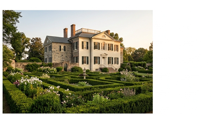 Photograph of Oatlands Historic House in Leesburg Virginia, classical plantation mansion surrounded by beautifully manicured formal walled gardens, blooming flowers and hedgerows, soft afternoon light. Colors: stone gray, green hedges, ivory mansion, warm amber light matching infographic charcoal and gray palette.