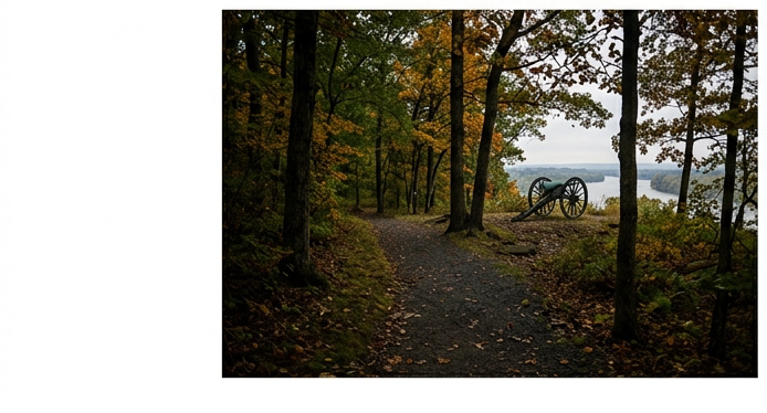 Atmospheric photograph of Ball's Bluff Battlefield Regional Park in Leesburg Virginia, wooded trail through autumn trees, historic Civil War cannon silhouette on a bluff overlooking the Potomac River. Colors: deep forest greens, autumn amber, charcoal stone matching infographic palette #333333 and #F5F5F5.