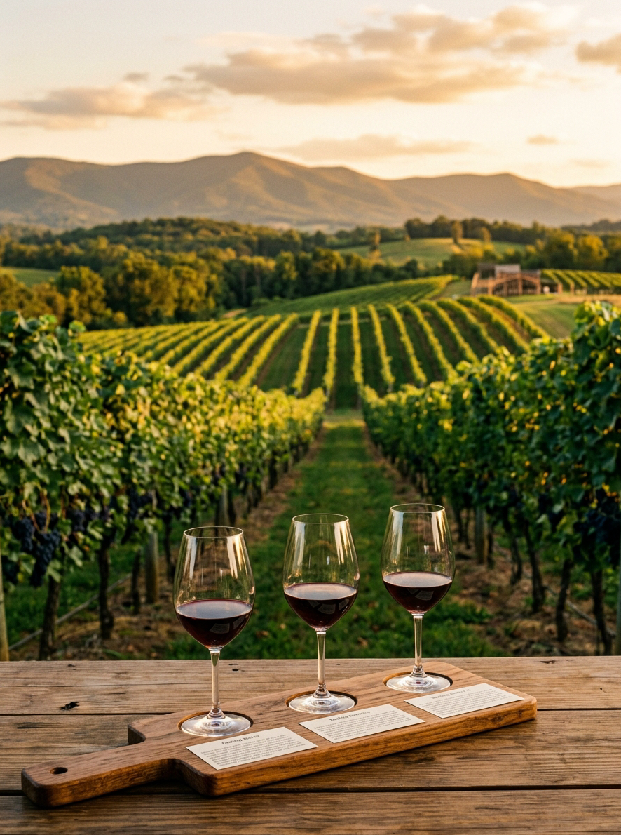 Photograph of Loudoun County Virginia vineyard at golden hour, rows of grapevines stretching across rolling hillsides with the Blue Ridge mountains in the distance, wine glasses and wooden tasting board in foreground. Warm amber and deep green tones, rustic and elegant feel. Color palette: deep charcoal, golden amber, forest green matching infographic #333333.