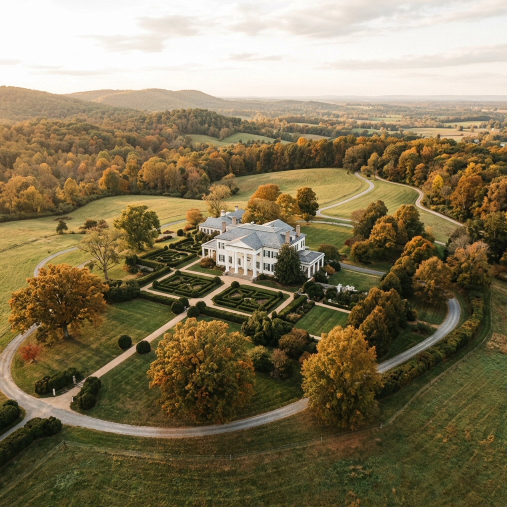 Aerial or wide-angle editorial photograph of Morven Park estate in Leesburg Virginia on a golden autumn morning. A sweeping 1000-acre historic estate with a grand Greek Revival mansion surrounded by formal boxwood gardens, rolling green lawns, old-growth oak trees with warm amber foliage, and gently winding carriage paths. Soft golden hour light. Muted earthy palette: sage green, warm cream, deep charcoal, amber gold. Slightly desaturated vintage editorial feel. No people. Horizontal landscape orientation.