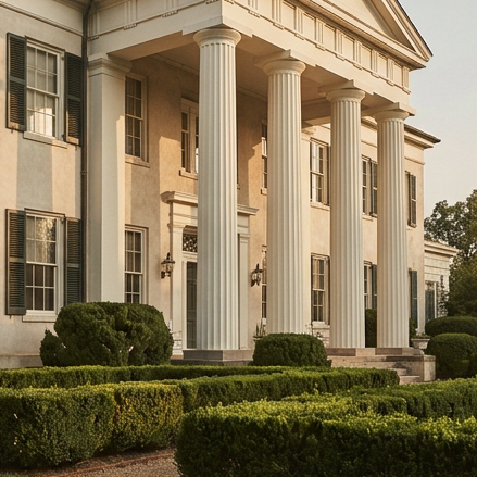 Close-up editorial photograph of the grand entrance facade of the Governor Davis Mansion at Morven Park, Leesburg Virginia. Greek Revival columns, formal boxwood hedges in foreground, warm morning light casting soft shadows. Muted earthy tones, slightly desaturated vintage editorial style. No people. Square crop.