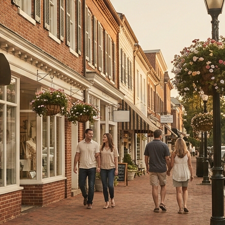Editorial lifestyle photograph of historic downtown Leesburg Virginia on a golden afternoon — brick-facade storefronts, hanging flower baskets, couples strolling a charming main street. Warm amber and cream tones, muted vintage editorial quality, soft natural light. Square crop. No text overlays.