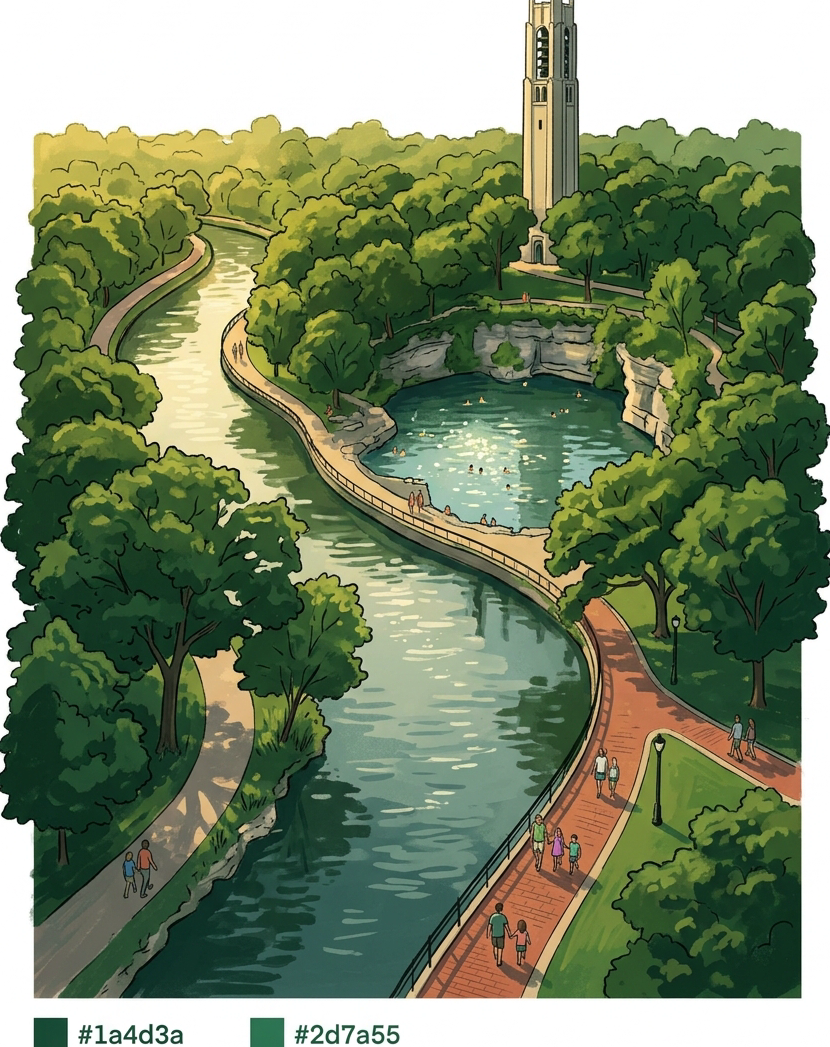 Aerial-style artistic illustration of the Naperville Riverwalk in summer. A winding river path lined with mature green trees, a historic limestone quarry visible as a glittering swimming area, a tall carillon tower rising above the canopy, families walking on a red brick path beside the water. Warm golden afternoon light. Lush forest green color palette matching the infographic's #1a4d3a and #2d7a55 greens. Slightly painterly, editorial travel illustration style with clean lines.