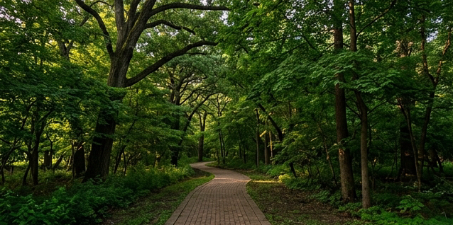 Wide photograph of a peaceful woodland trail entrance in Naperville Illinois, Sindt Woods, mature oak and maple trees creating a shaded canopy over a brick walking path, green forest atmosphere, warm morning light filtering through leaves, editorial travel photography style, color palette dominated by deep forest greens matching #1a4d3a.