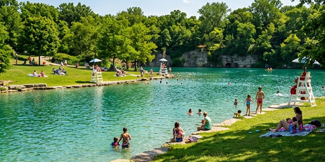 Photograph of Centennial Beach Naperville Illinois, a historic limestone quarry converted into a public swimming area, clear turquoise water, families swimming and lounging on the grassy banks, lifeguard stands, bright summer sunshine, editorial travel photography style, rich greens and aqua blues.