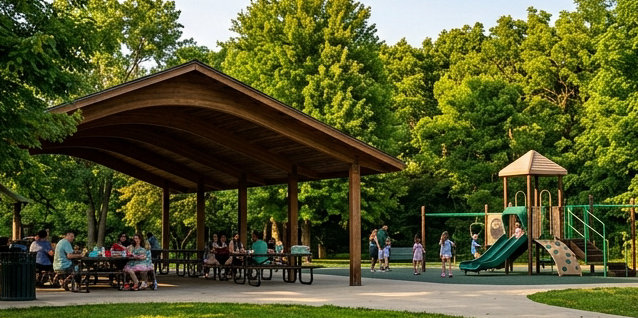 Photograph of a covered grand pavilion and playground area in Centennial Park Naperville Illinois, families picnicking under a large wooden roof structure, children on inclusive ADA accessible playground equipment, lush green trees in background, warm afternoon light, editorial travel photography, color palette of forest greens and warm wood tones.