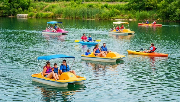 Photograph of paddleboats and kayaks on a calm quarry lake in Naperville Illinois Paddleboat Quarry, bright colorful pedal boats on glittering green-blue water, families enjoying a summer afternoon, lush riverside vegetation in the background, editorial travel photography, vivid saturated summer colors.