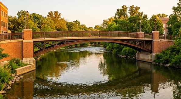 Photograph of Eagle Street Bridge over the DuPage River in Naperville Illinois, a historic pedestrian bridge with warm brick and iron railings above a gently flowing river, trees reflected in the water below, soft evening golden hour light, editorial travel photography style, warm amber and deep green tones.