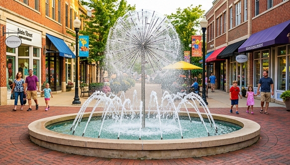 Photograph of the Dandelion Fountain in Naperville Riverwalk, a whimsical sculptural fountain with water jets arcing outward like dandelion seeds, surrounded by brick pathways and boutique storefronts of the Water Street District, families and pedestrians walking nearby, bright daytime light, editorial travel photography, playful and colorful.