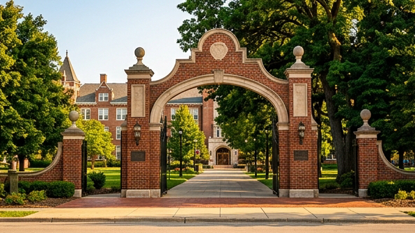 Photograph of the Jefferson Avenue gateway entrance to the Naperville Riverwalk eastern terminus, decorative brick archway or gateway portal, North Central College campus architecture visible in the background, mature trees lining the path, warm afternoon sunlight, editorial travel photography, deep forest greens and classic brick tones.