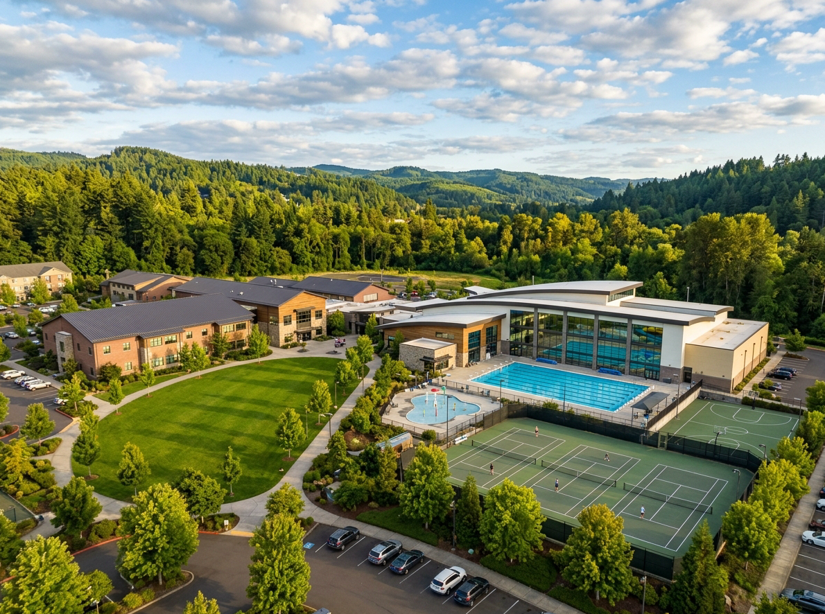 Aerial photograph of a beautiful Pacific Northwest community recreation center surrounded by lush green trees, set against a partly cloudy Oregon sky. The facility features a modern aquatics building with large windows reflecting blue pool water, outdoor sports courts, and manicured green lawns. Warm golden afternoon light. Color palette matches: black, warm white, desert sand tones (#F3E5DC), and gold accents (#C5A069). Photorealistic, vibrant, community-focused.