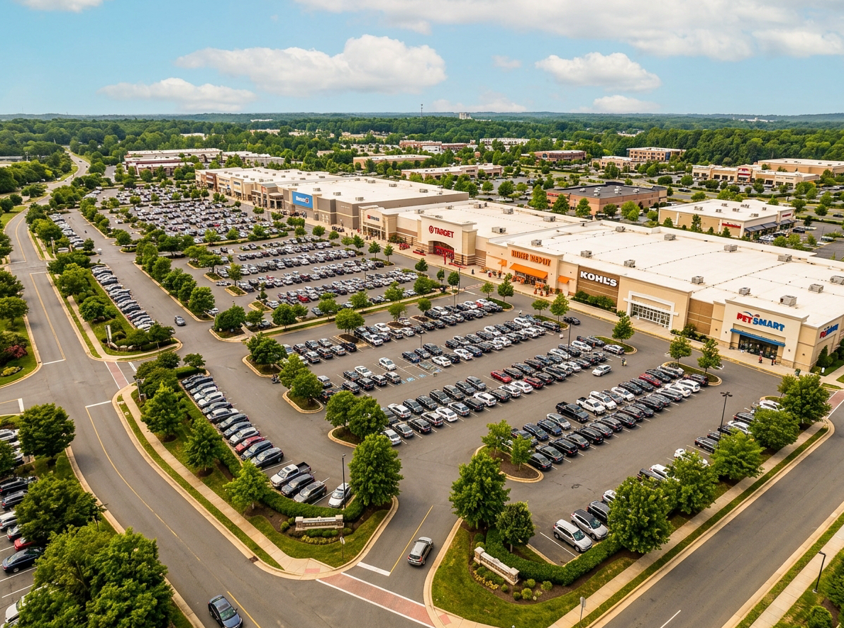 Aerial daytime photograph of a large open-air power center shopping complex in Fredericksburg Virginia, wide surface parking lots with cars, big-box retailer storefronts visible, lush green landscaping, warm sunny sky. Editorial travel magazine quality. Color tone references warm white, beige/gold #EFDEC2, and dark gray #2D2D2D. Sharp, vibrant, professional.