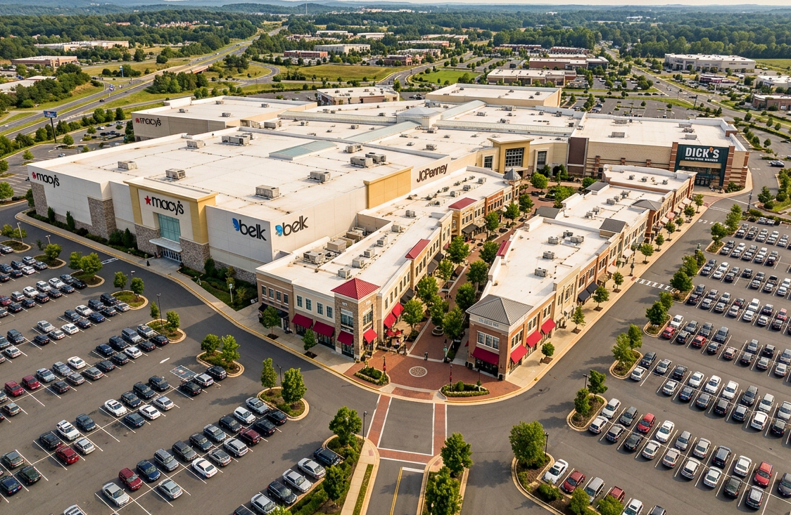 Aerial daytime photograph of a large enclosed mall with a connected outdoor lifestyle village in Fredericksburg Virginia, prominent facade with department store anchors visible, clean parking perimeter, warm light. Editorial travel magazine quality. Color tone references dark red #DB0E3E, beige/gold #EFDEC2, and white. Sharp, vibrant, professional.