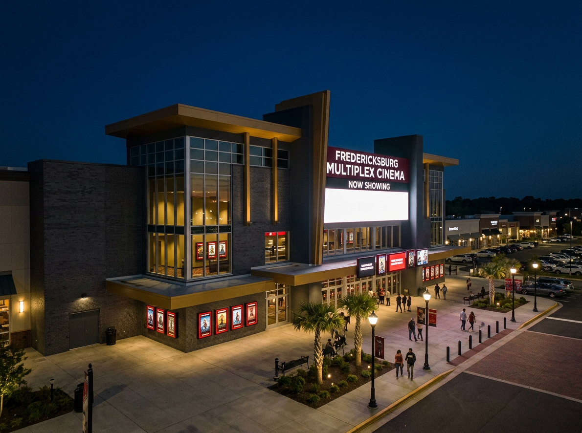 Exterior nighttime photograph of a large multiplex cinema megaplex in Fredericksburg Virginia, LED marquee signs glowing, stadium-seating movieplex, warm evening light. Editorial quality. Color tone references dark red #DB0E3E and dark gray #2D2D2D with bright white accents. Cinematic, inviting.