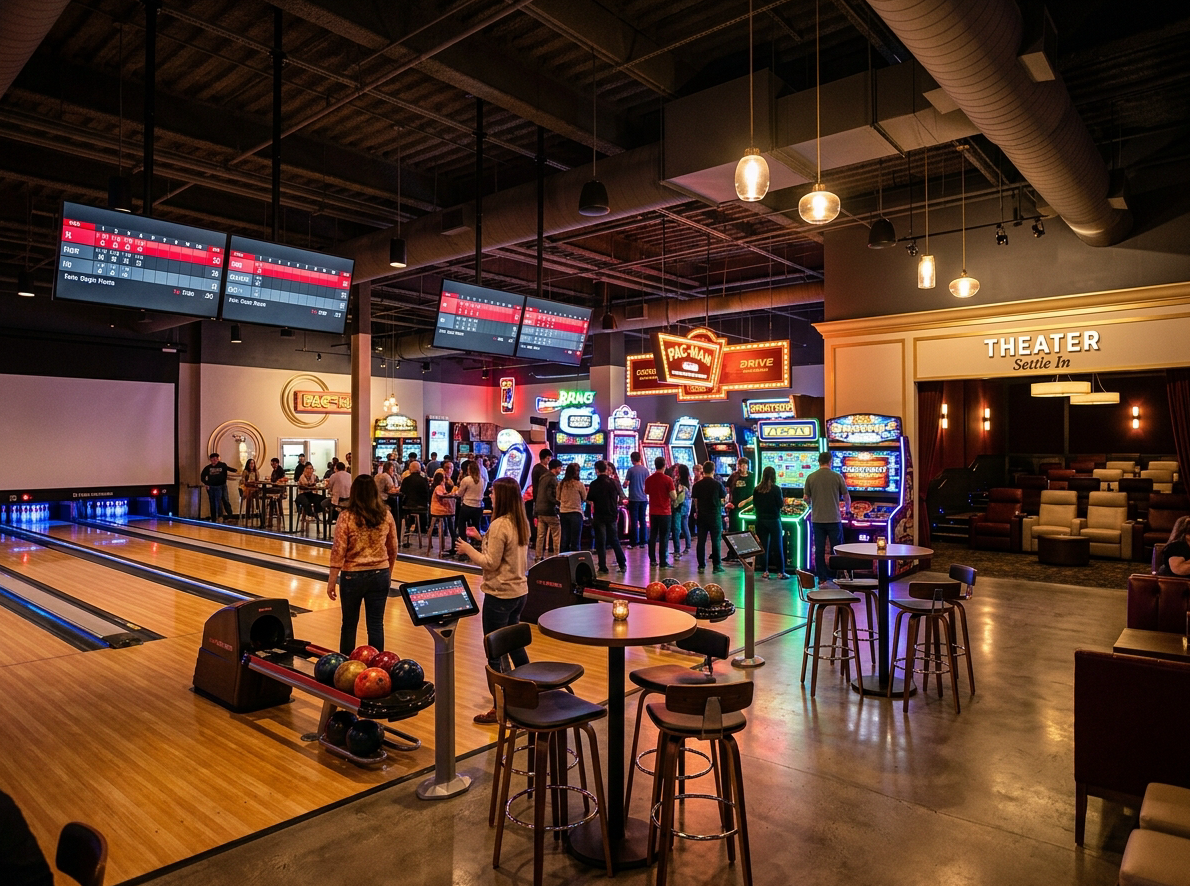Interior photograph of a modern entertainment venue with bowling lanes, colorful arcade games glowing neon, and a luxury recliner theater in the background. Lively, vibrant atmosphere with warm and cool neon lighting. Color references dark red #DB0E3E, beige/gold #EFDEC2, and dark backgrounds #2D2D2D. Fun, energetic, upscale.