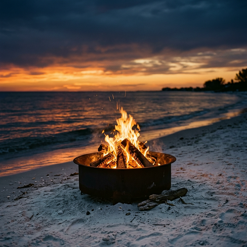 A stunning twilight beach bonfire on the white-sand Gulf Coast of Florida. A crackling wood fire in a steel pit glows amber and gold against a deep indigo and burnt-orange sunset sky. The calm Gulf waters reflect the flame colors. The composition is wide and cinematic, bathed in warm mustard-gold and dark charcoal tones matching a sophisticated coastal brand palette. No people visible. Photorealistic, film-quality lighting, shallow depth of field.
