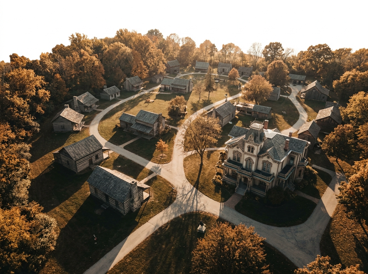 Aerial golden-hour photograph of a lush 13-acre outdoor living history museum campus in Naperville Illinois, showing historic wooden log cabins, a Victorian mansion with ornate trim details, tree-lined pathways connecting the structures, warm amber and russet autumn foliage, dramatic long shadows, slightly desaturated vintage film tone with warm cream and dark gray #333333 shadows, cinematic wide-angle composition, photorealistic, highly detailed