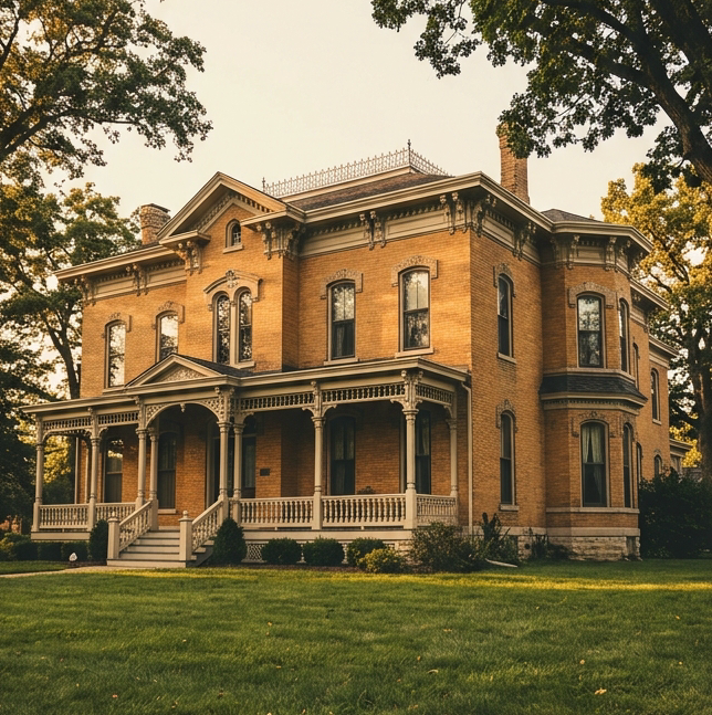 Photograph of an 1883 Victorian Italianate mansion with ornate Eastlake decorative trim, wraparound porch with turned spindles, bay windows, warm amber brick exterior, lush green lawn foreground, golden-hour warm lighting, slightly desaturated vintage film tone, sharply detailed architectural features, dark gray #333333 shadows, framed by mature oak trees