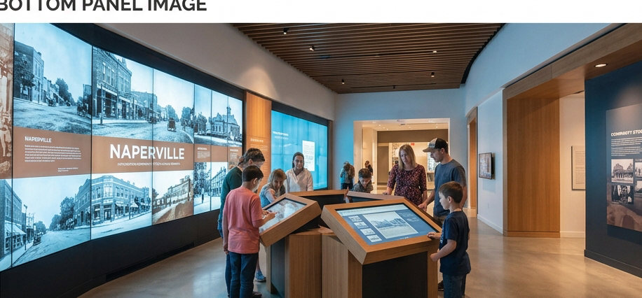 Photograph of a modern museum welcome center interior with large interactive digital display walls glowing with historical Naperville images, visitors gathered around touchscreen community story-upload stations, sleek contemporary architecture with warm wood accents, soft blue and amber lighting, photorealistic, sharply detailed, slightly desaturated warm tone matching the dark gray #333333 and cream palette of the infographic
